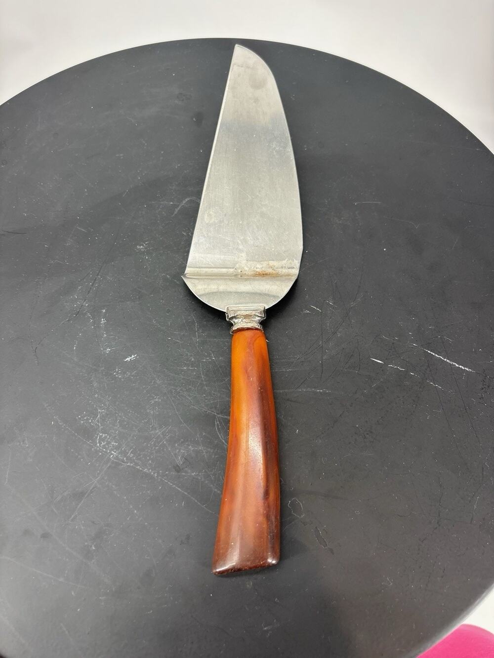 Cake Pie Server Stainless Steel Tortoise Shell Bakelite Handle 10.5" Vintage
